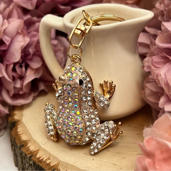 Silver & Iridescent Crystal Frog Keychain Charm - Picture 4 of 15